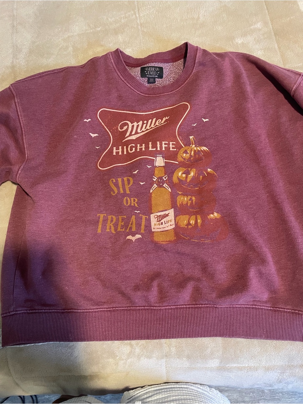 American Eagle Outfitters Burgundy Crewneck with Orange Halloween Graphic